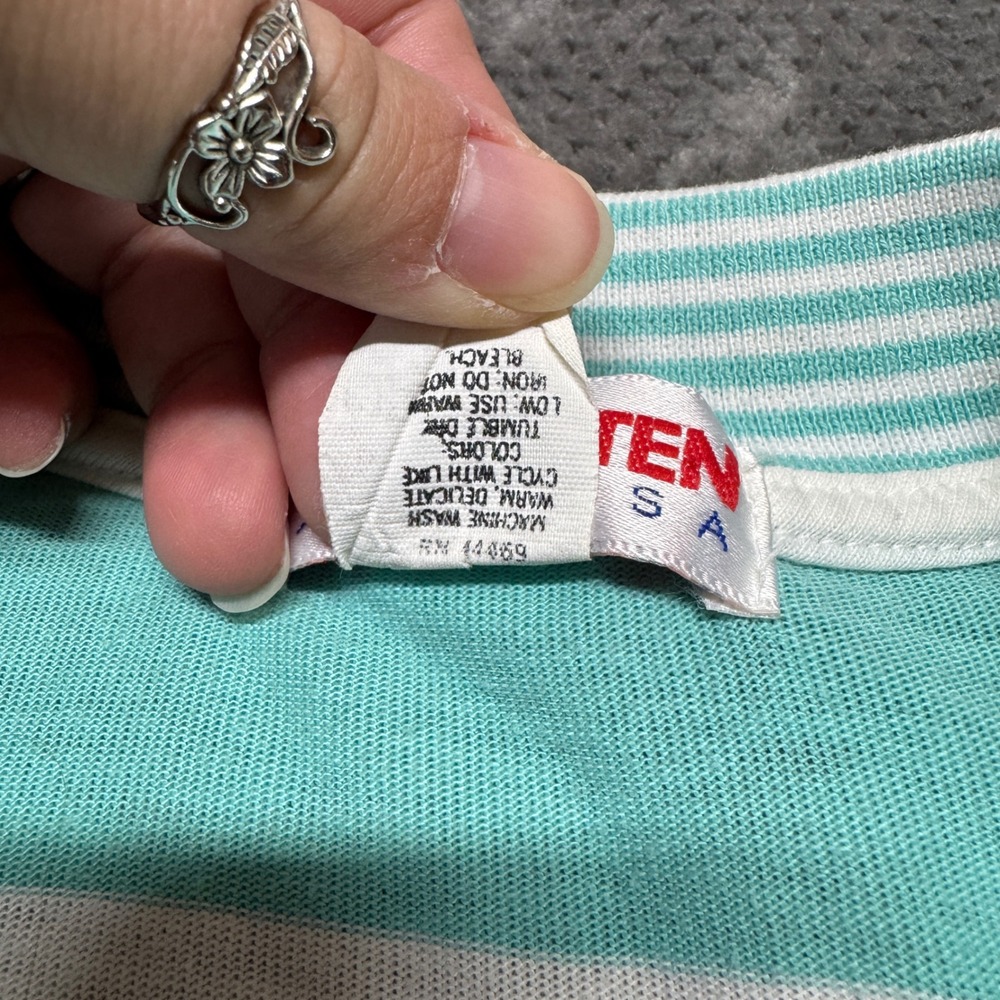 Vintage Hang Ten Striped Polo Shirt Teal White Made in USA Womens Small 6T978‎ - Picture 4 of 7